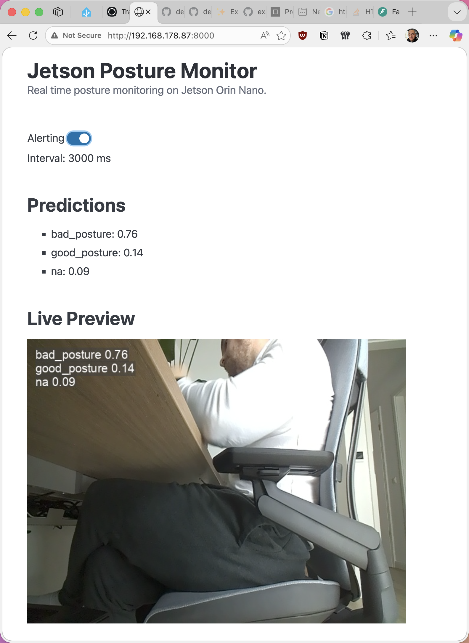 Web UI of the Jetson Posture Monitor with alerting toggle and live preview