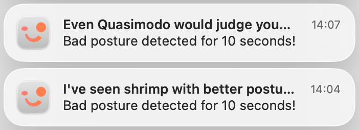 Examples of PostureCheck MacOS notifications for bad posture