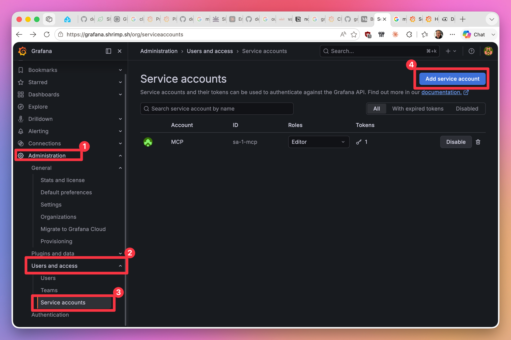 Grafana service account configuration